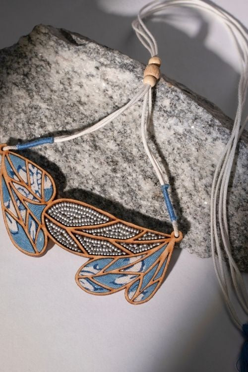 WHE Blue Bloom Leaf Motif Repurposed Fabric And Wood Necklace
