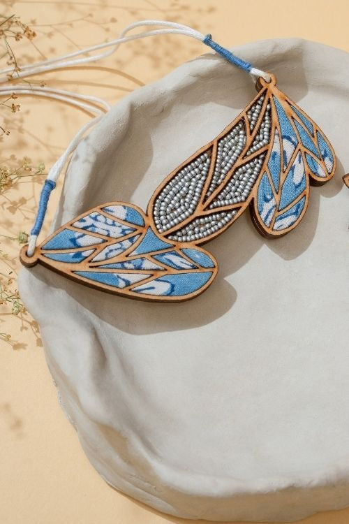 WHE Blue Bloom Leaf Motif Repurposed Fabric And Wood Necklace