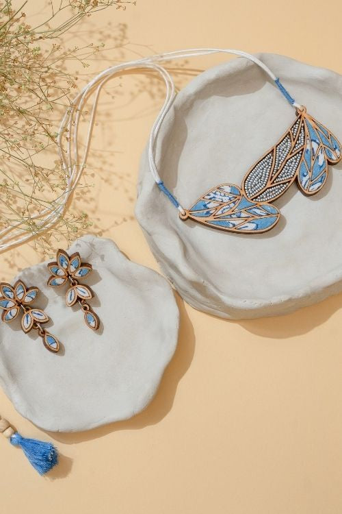WHE Blue Bloom Leaf Motif Repurposed Fabric And Wood Necklace