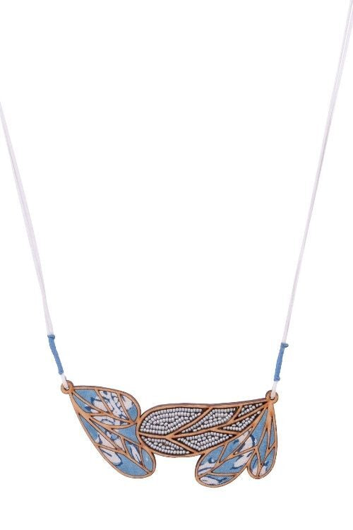 WHE Blue Bloom Leaf Motif Repurposed Fabric And Wood Necklace