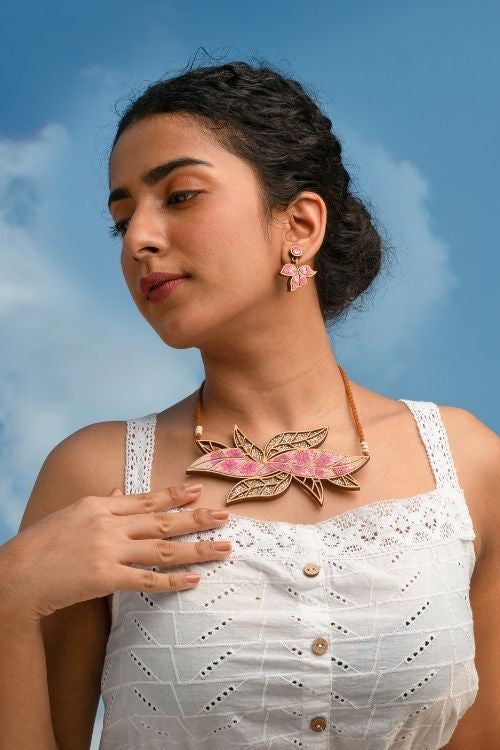WHE Pink Bloom Leaf Motif Repurposed Fabric And Wood Necklace