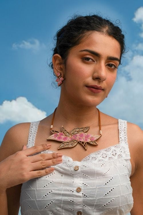 WHE Pink Bloom Leaf Motif Repurposed Fabric And Wood Necklace