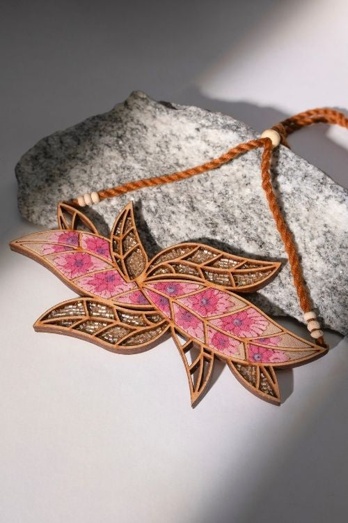 WHE Pink Bloom Leaf Motif Repurposed Fabric And Wood Necklace