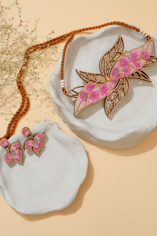 WHE Pink Bloom Leaf Motif Repurposed Fabric And Wood Necklace
