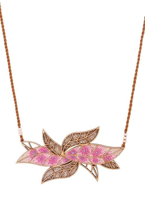WHE Pink Bloom Leaf Motif Repurposed Fabric And Wood Necklace