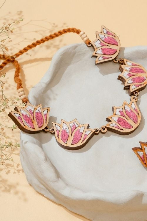 WHE Pink Bloom Lotus Repurposed Fabric And Wood Necklace