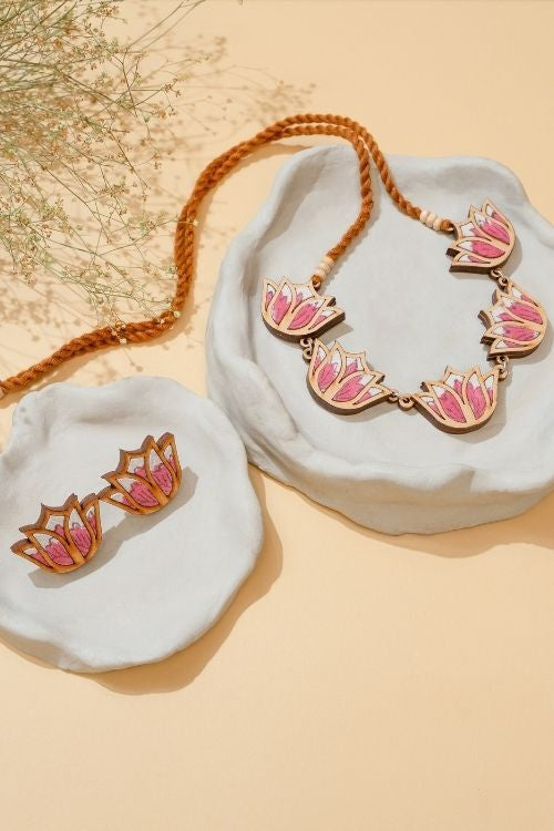 WHE Pink Bloom Lotus Repurposed Fabric And Wood Necklace