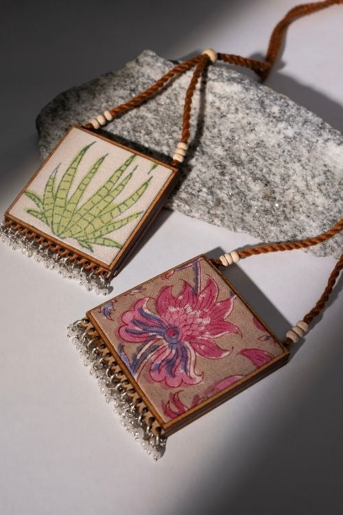 WHE Two In One Floral Pink And Green Square Repurposed Fabric And Wood Pendant