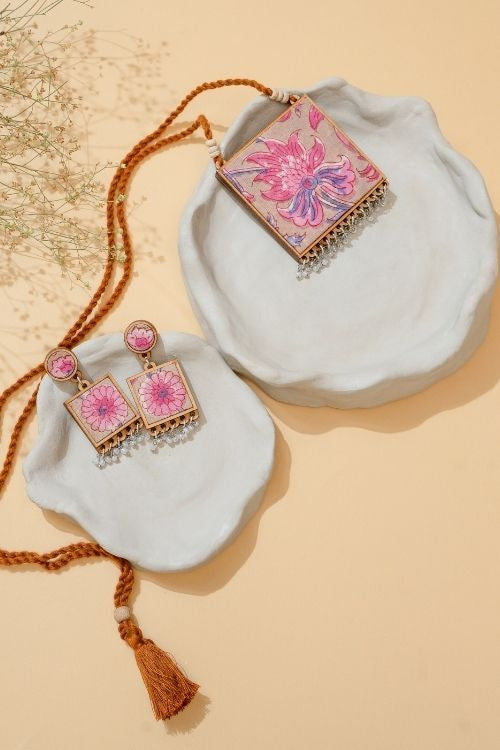 WHE Two In One Floral Pink And Green Square Repurposed Fabric And Wood Pendant