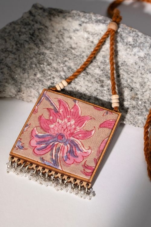 WHE Two In One Floral Pink And Green Square Repurposed Fabric And Wood Pendant