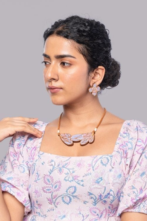 WHE Purple Bloom Leaf Motif Repurposed Fabric And Wood Necklace