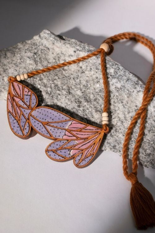 WHE Purple Bloom Leaf Motif Repurposed Fabric And Wood Necklace