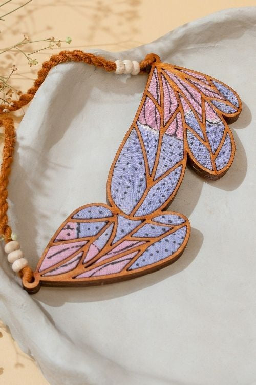 WHE Purple Bloom Leaf Motif Repurposed Fabric And Wood Necklace