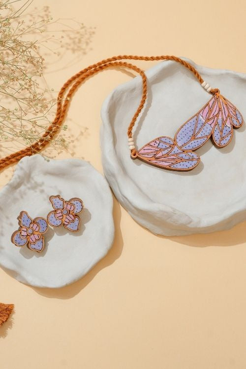 WHE Purple Bloom Leaf Motif Repurposed Fabric And Wood Necklace