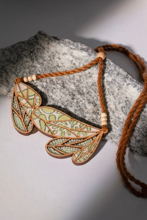 WHE Green Bloom Leaf Motif Repurposed Fabric And Wood Necklace