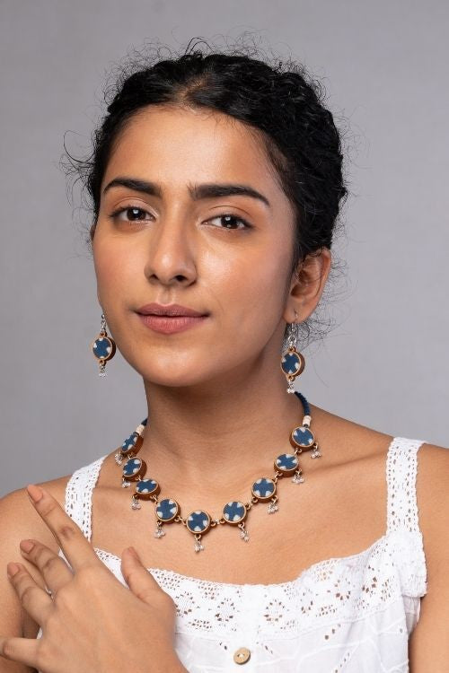 WHE Indigo Blue Repurposed Fabric And Wood Choker