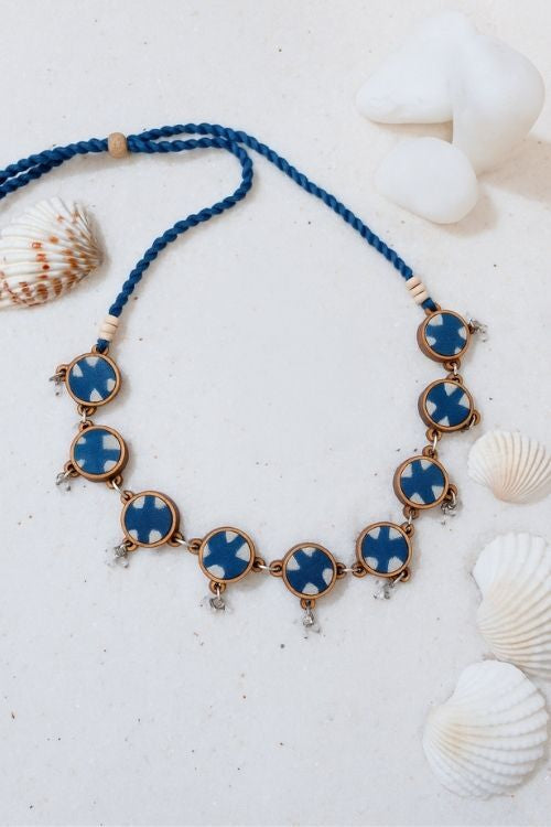 WHE Indigo Blue Repurposed Fabric And Wood Choker