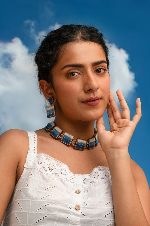 WHE Shades Of Indigo Blue Repurposed Fabric And Wood Square Choker