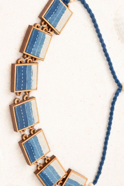 WHE Shades Of Indigo Blue Repurposed Fabric And Wood Square Choker