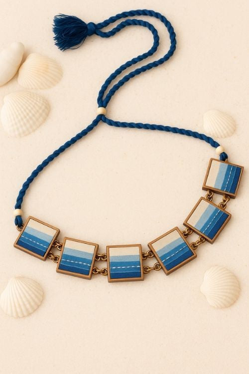 WHE Shades Of Indigo Blue Repurposed Fabric And Wood Square Choker