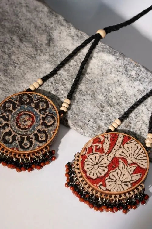WHE Two In One Black And Red Repurposed Fabric And Wood Round Pendant