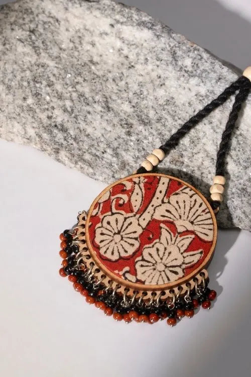 WHE Two In One Black And Red Repurposed Fabric And Wood Round Pendant