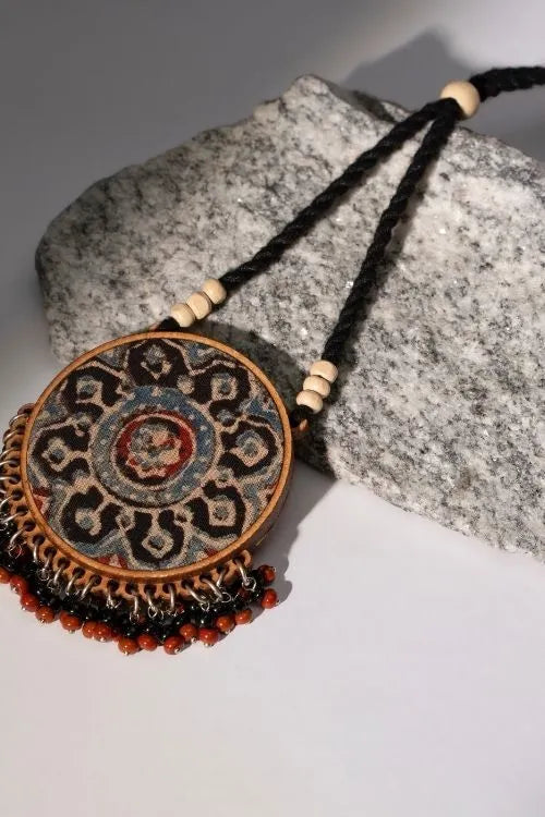 WHE Two In One Black And Red Repurposed Fabric And Wood Round Pendant