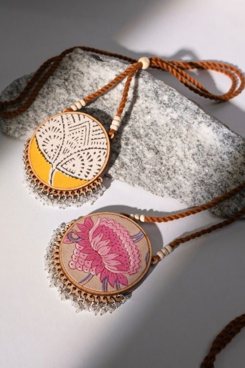 WHE Two In One Pink Yellow Repurposed Fabric And Wood Round Pendant