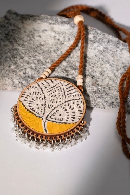 WHE Two In One Pink Yellow Repurposed Fabric And Wood Round Pendant