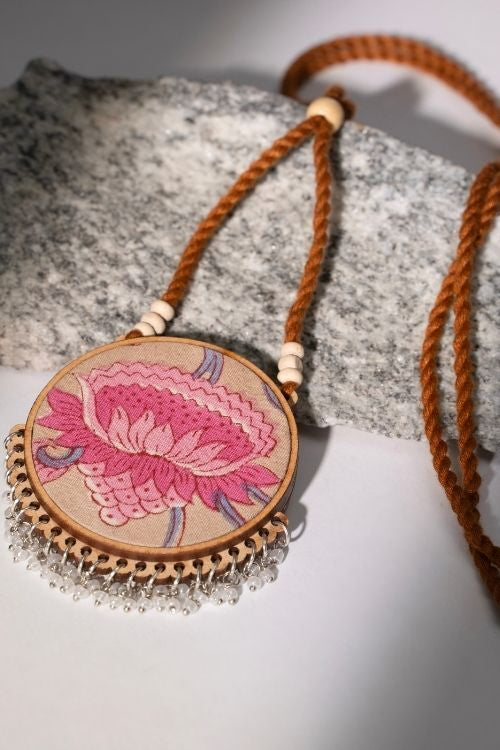 WHE Two In One Pink Yellow Repurposed Fabric And Wood Round Pendant