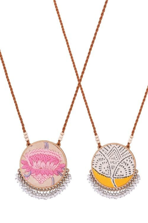 WHE Two In One Pink Yellow Repurposed Fabric And Wood Round Pendant