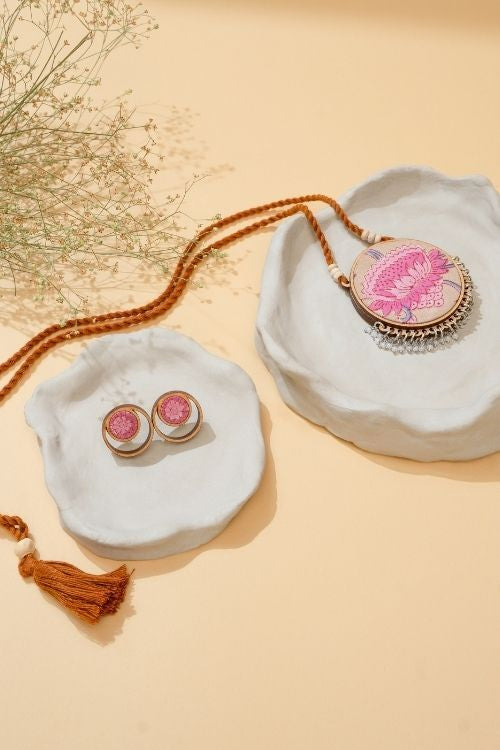 WHE Two In One Pink Yellow Repurposed Fabric And Wood Round Pendant