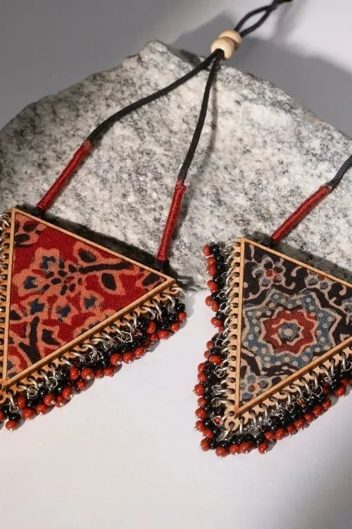 WHE Two In One Multicolor Repurposed Fabric And Wood Triangle Pendant