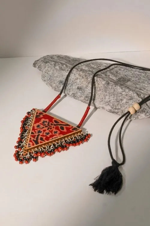 WHE Two In One Multicolor Repurposed Fabric And Wood Triangle Pendant