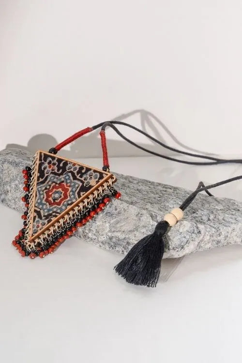 WHE Two In One Multicolor Repurposed Fabric And Wood Triangle Pendant