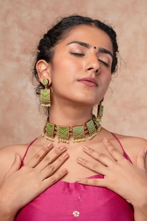 WHE Kantha Green Repurposed Silk Fabric And Wood Necklace