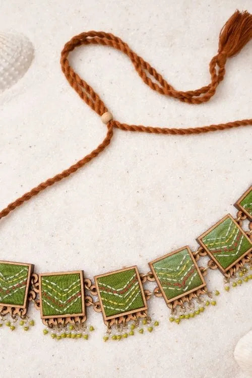 WHE Kantha Green Repurposed Silk Fabric And Wood Necklace