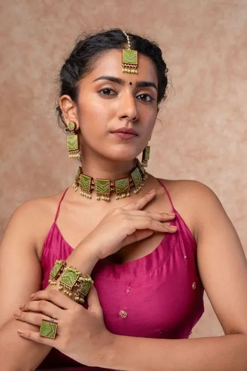 WHE Kantha Green Repurposed Silk Fabric And Wood Necklace