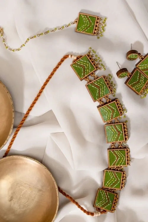 WHE Kantha Green Repurposed Silk Fabric And Wood Necklace