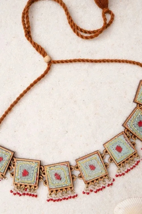 WHE Kantha Columbia Blue Repurposed Silk Fabric And Wood Necklace