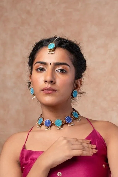 WHE Neel Tarang Kantha Repurposed Silk Fabric And Wood Necklace