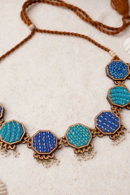 WHE Neel Tarang Kantha Repurposed Silk Fabric And Wood Necklace