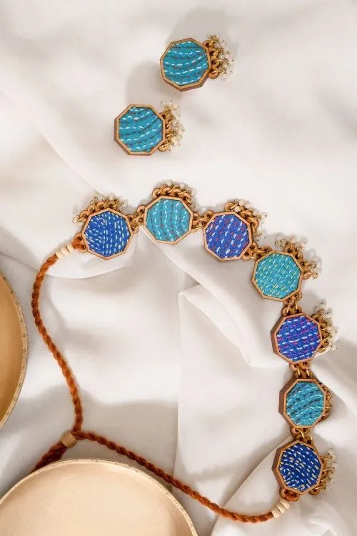 WHE Neel Tarang Kantha Repurposed Silk Fabric And Wood Necklace
