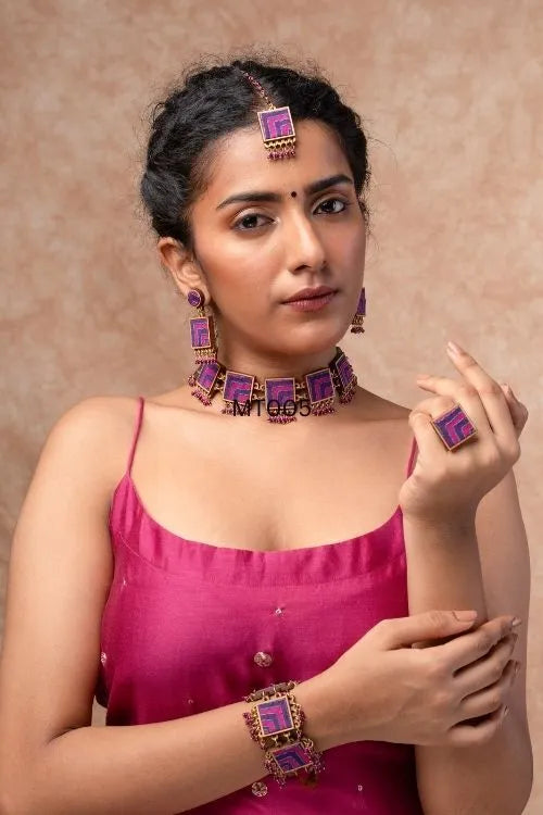 WHE Pink Purple Kantha Repurposed Silk Fabric And Wood Necklace