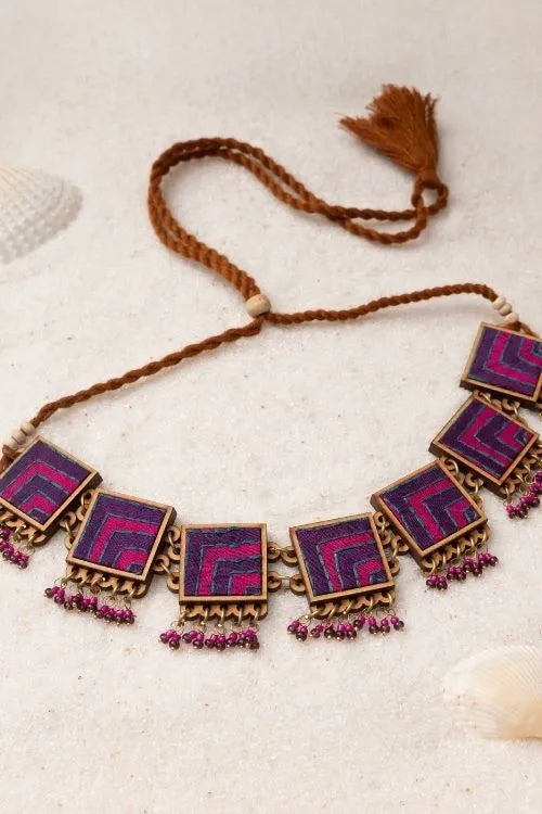 WHE Pink Purple Kantha Repurposed Silk Fabric And Wood Necklace