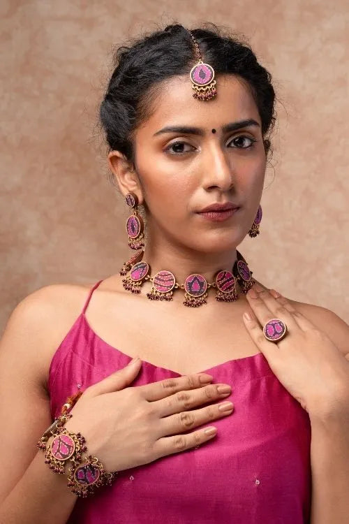 WHE Multicolor Kantha Silk Fabric And Repurposed Wood Necklace