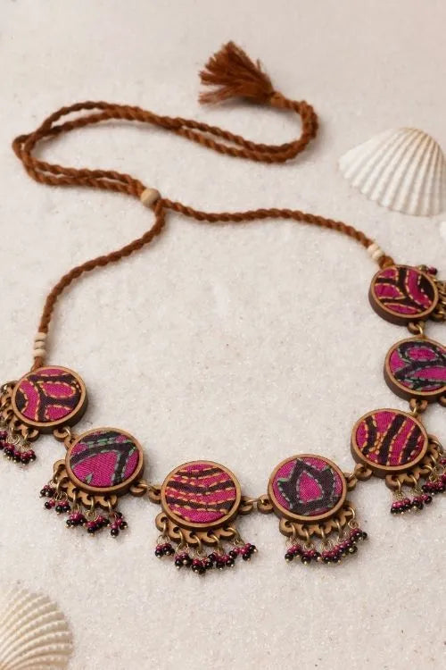 WHE Multicolor Kantha Silk Fabric And Repurposed Wood Necklace