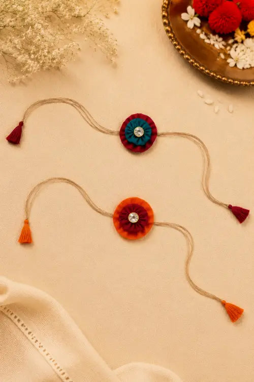 WHE Set Of 2 Handmade Fabric Flower Rakhi Combo