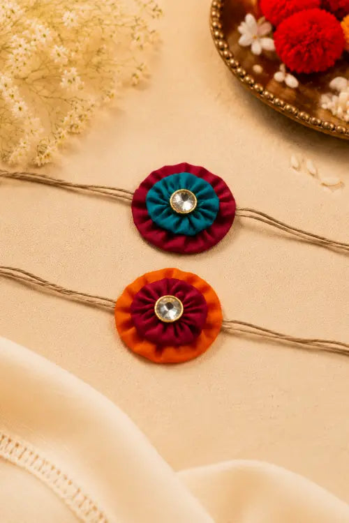 WHE Set Of 2 Handmade Fabric Flower Rakhi Combo