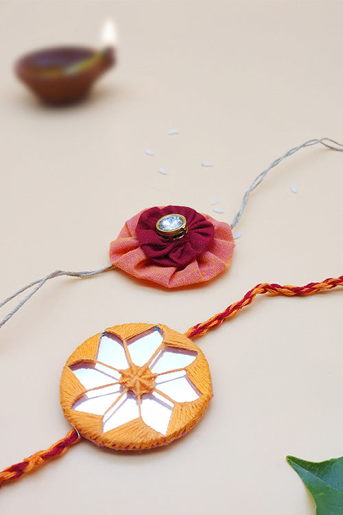 WHE Set of 2 Handmade Fabric and Mirror Rakhi combo-2
